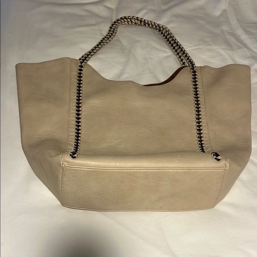 Classic Beige Tote Handbag with Chain Detail